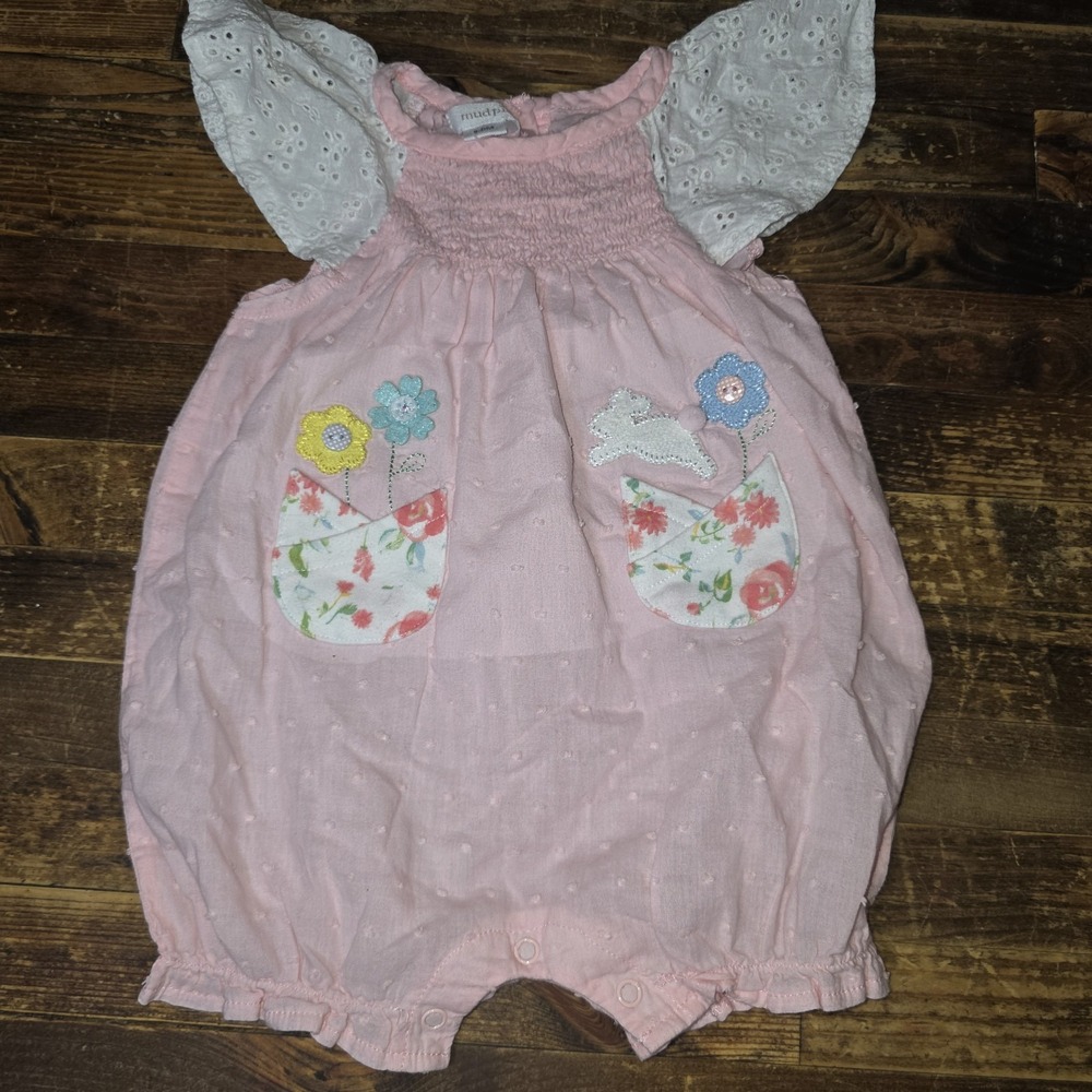 Mudpie Size 6-9 Month Pink Romper Bubble Flowers Bunny Easter